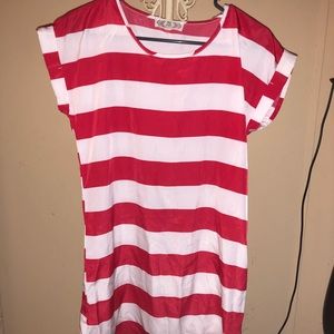 Red and white, loose, self-tie dress